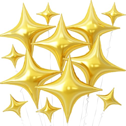 Gold Star Balloons,12Pcs Four Angle Star Foil Balloons,26Inch and 10Inch Gold Quadrangle Helium Balloon for Birthday Graduation Anniversary Baby Shower Wedding Party Decorations