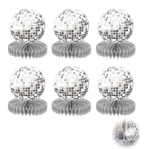 Lot de 6 décorations de fête disco en nid d'abeille argenté rétro des années 70, durables, faciles à installer pour anniversaire, fête dansante,...