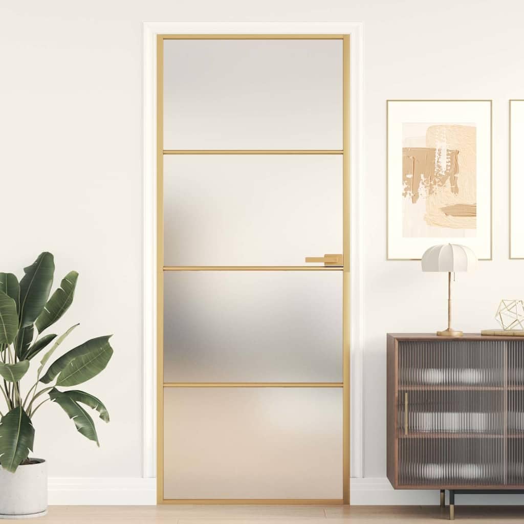 vidaXL Puerta de Interior, Puerta de Panel, Panel de Privacidad, Puerta Decorativa para Dormitorio Baño, Vidrio Templado y Aluminio Dorada