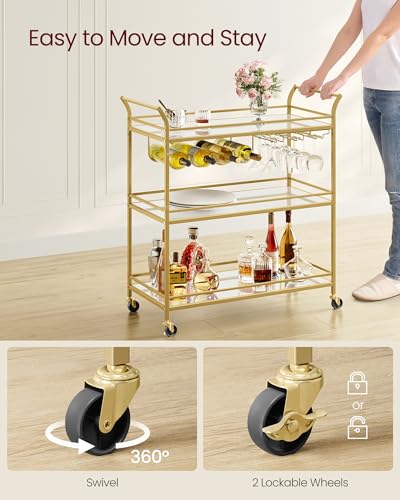 Image of VASAGLE Bar Cart Gold, Large Home Bar Serving Cart with 3-Tier