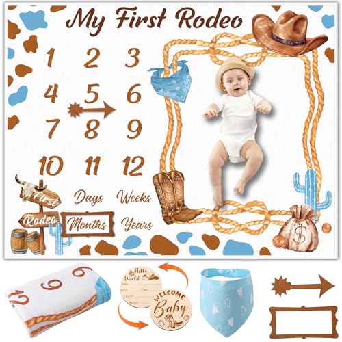Image of Cowboy Baby Boy Milestone Blanket Western Theme Cow Print Baby Growth Chart Blanket for Boy Newborn My First Rodeo Birthday Party Supplies