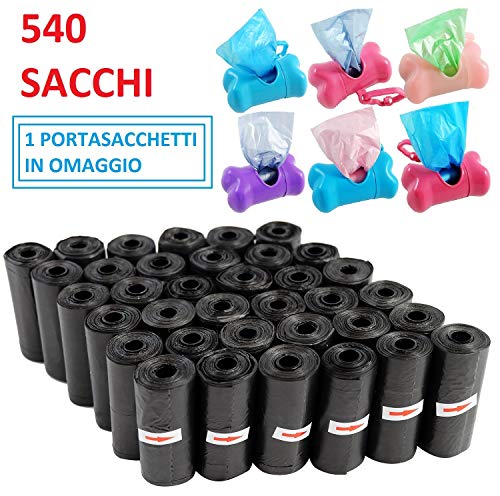 BPS PET SHOP Sacchetti Cane,Sacchetti IGIENICI,Sacchetti per bisogni dei Cani, con Dispenser e Clip per guinzaglio Colore Nero(540SACCHETTI)