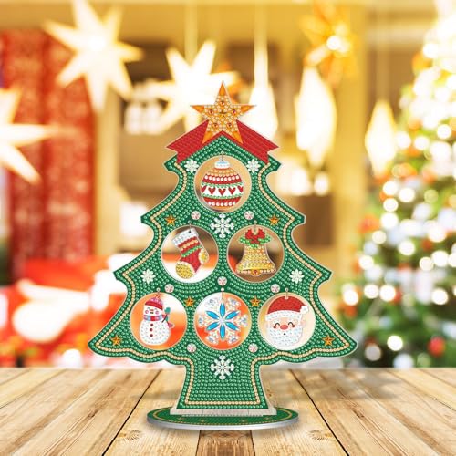 Image of AiYuanzsh Christmas Tree Diamond Art Tabletop Ornament with Christmas Hanging Charms, Acrylic Double-Sided Special Shape Diamond Painting Desktop Decoration Kit, DIY Large Festive Crafts