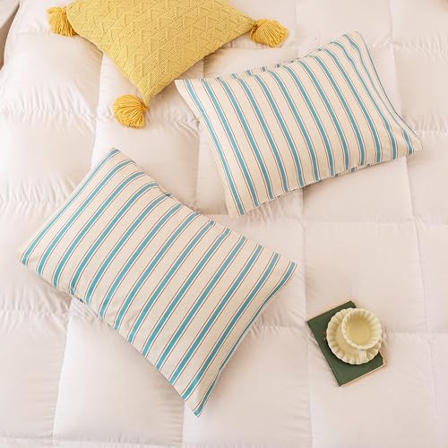 Image of ECOCOTT Striped Pillowcases King Size Set of 2, 100% Washed Cotton Pillow Cases with Envelope Closure, Blue&Brown Ticking Stripe Pillow Covers 20 inchX36 inch