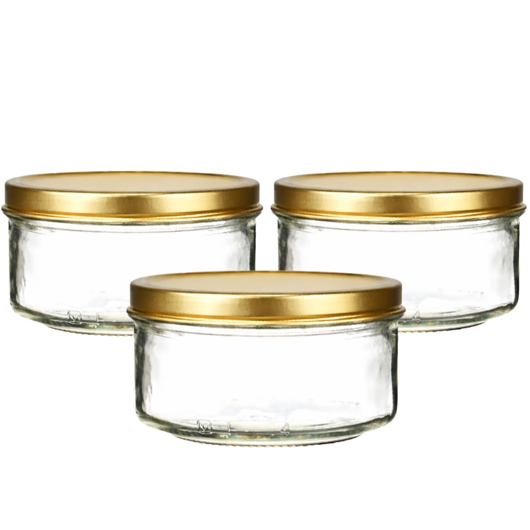 190ml (8oz) Glass Jam Jars with Gold Twist-Off Lids – Wide Mouth Preserve & Chutney Jars for Honey, Sauces & Desserts – Pack of 36
