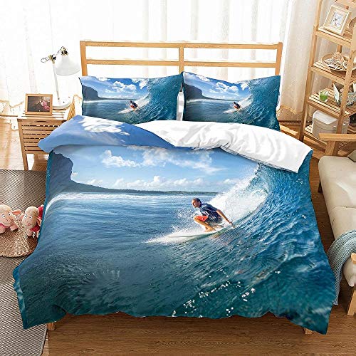 Housse de Couette 220x240 cm Le Surf, Parure de Lit 2 Personnes en Microfibre avec 2 Taies d'oreiller 65x65 cm ( avec Fermeture éclair ) Cover