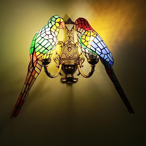 GAUUA Lámpara De Pared con 2 Loros, Estilo Tiffany, Vidrieras, Lámpara De Pared Decorativa Pastoral para Dormitorio, Sala De Estar, Pasillo, Cafetería Y Bar