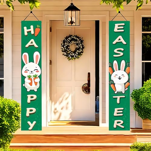 Image of Cute Green Happy Easter Banner Bunny Carrot Easter Door Decor Porch Sign Easter Decorations for Home Outside 11.81x70.87 Inch