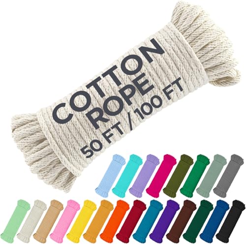 TECEUM 500lb Cotton Rope 3/16” (5 mm) – 100 FT – Strong All-Purpose Braided Rope – Natural Cotton – for Crafting, ?amping, Clothes Line, DIY, Indoor & Outdoor Use – Natural