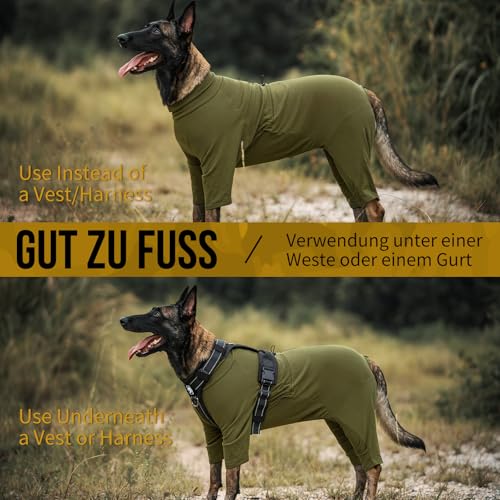 OneTigris Hund Onesie, FUZZBUD Einteiler für Große und Mittelgroße Hunde Weicher Warmer Dehnbarer Mehrzweck Hundepyjama für Haarausfall, Allergien, Anti-Lecken, Wundschutz - Grün L