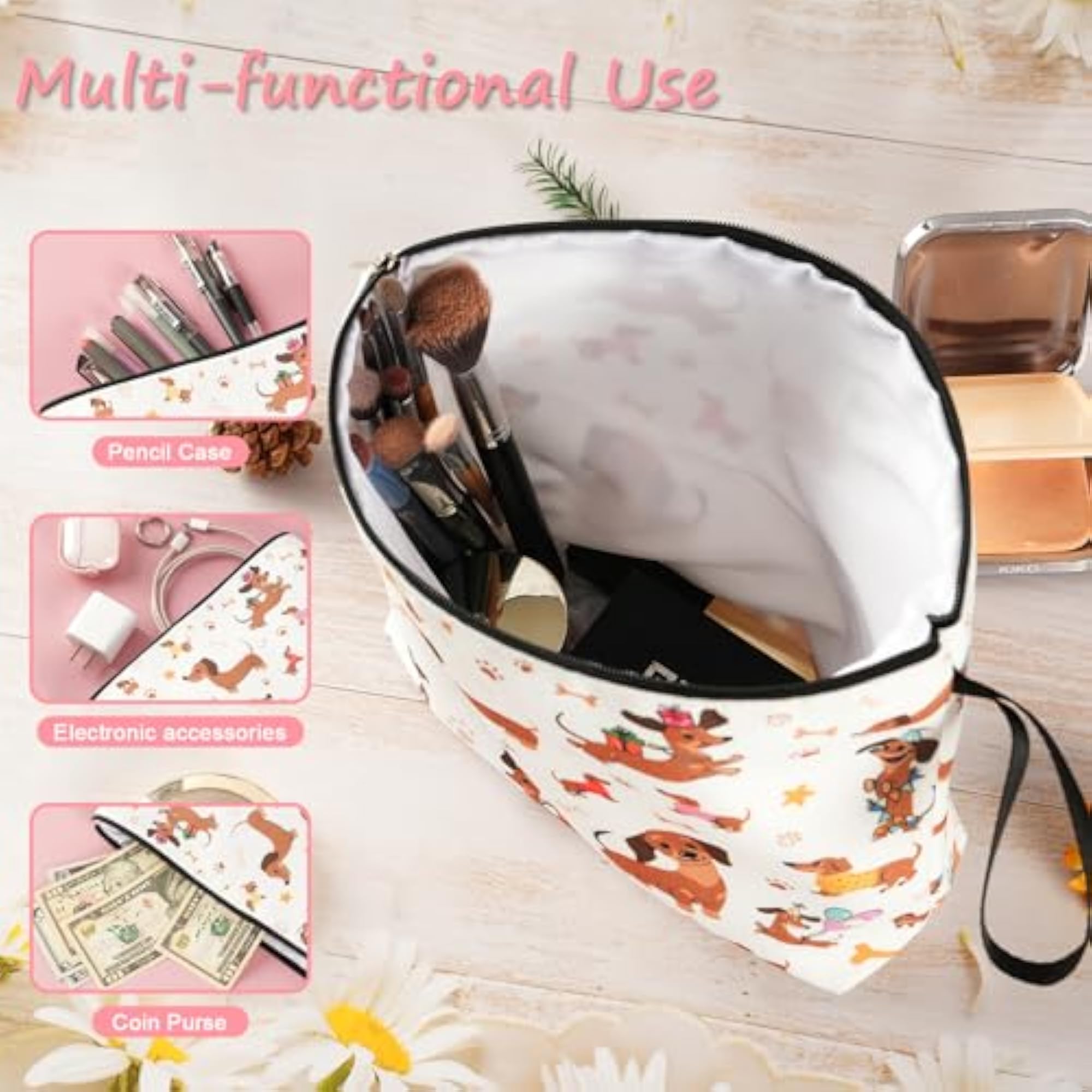 Dachshund Cosmetic Bag, Double Side Print Makeup Pouch