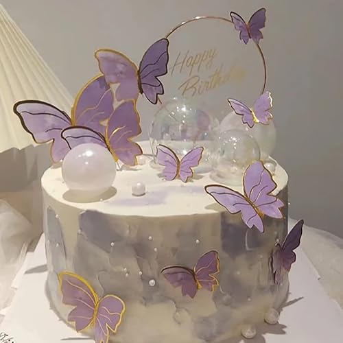 Miniatura 5 de Decoración de pastel de mariposa morada, 11 piezas de decoración de pastel de mariposa para cupcakes de feliz cumpleaños, decoración de pastel de