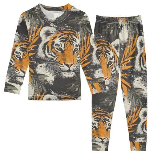 Pajama Sets Long Sleeve Tiger Face with Leaves Soft Comfy Sleepwear 2 Piece PJS 3-8T