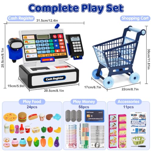 Image of LED Calculator Cash Register Toy with Shopping Cart- Pretend Play Set Kids Cash Register with Scanner, Microphone and Credit Card, Math Skills Toy for 3, 4, 5, 6 7 8+ Year Old Boy Girl