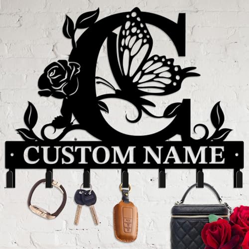 Personalized Custom Name Butterfly Rose Letter Metal Wall Keys Hooks Decor,Monogram Clothes Hooks Art coat racks,door holder,Decorations for home,Entrance,Hallway, Kitchen, Bedroom,Keys,Hats