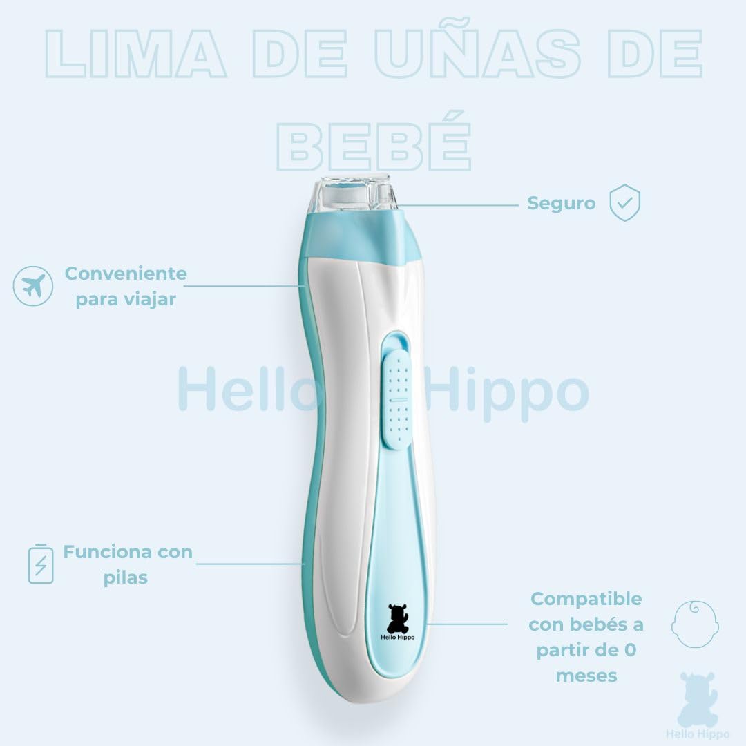 Hello Hippo - Lima de Uñas Eléctrica para Bebé Recién Nacido | Seguridad y Precisión con Luz LED | 4 Velocidades & 6 Cabezas | Kit de Higiene para Bebés Práctico
