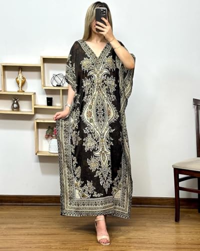Image of NAIADES Women's Kaftan Dress - Bohemian Printed V-Neck Long Maxi Caftan with Loose Fit & Elegant Design (Kaftan-Kurti)