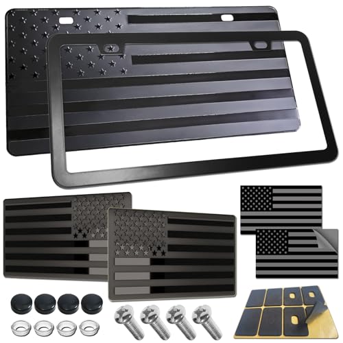 RCKJNJ American Flag License Plate for Front Bumper Black Aluminum Car Tag Frame Cover with 3D Embossed USA Flag Pattern with Screws Metal Decals