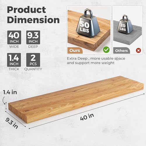 Image of RICHFOCUS Elm Floating Shelves for Wall - 40 inch W x 9.3 inch D Rustic Solid Wood Shelves with Invisible Bracket, Wall-Mounted for Living Room, Bedroom, Kitchen Storage & Display, Set of 2, Natural