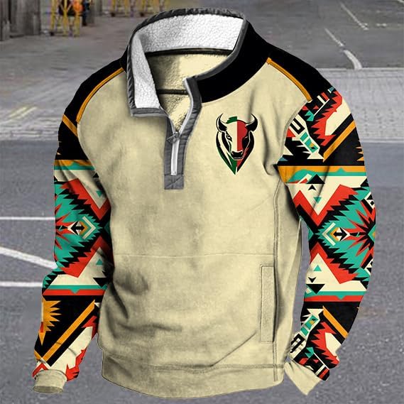 MARSVOVO Aztec Cowboy Hoodies Mens Quarter Zip Fleece Jacket Long Sleeve Winter Men's Fashion Hoodies & Sweatshirts - Image 2