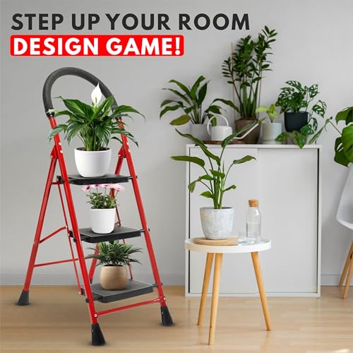 Image of Zolmix Premium Steel Ladder, Stairs for Home, Foldable 3 Step Ladder, Sidi, Safety Clutch Lock, Anti Slip Steps, Knee Guard, Firm Grip, Anti Skid, Durable, Heavy Duty, Lader 5 Years Warranty - Red