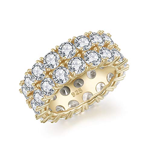 14K Gold Plated S925 Sterling Silver Ring CZ Cubic Zirconia Double Row Band Eternity Ring Women's Wedding Ring Engagement Ring, 8mm 4 Row Round Ring