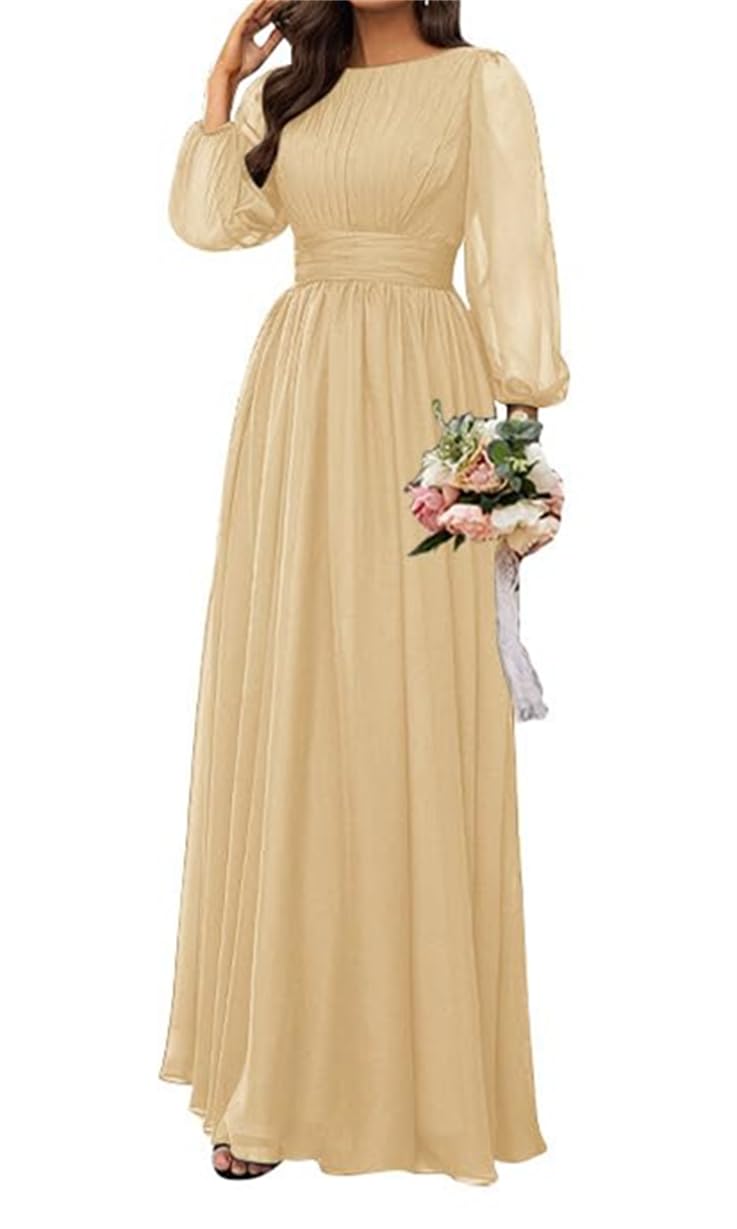 Wseyu Women's Champagne Princess Bridesmaid Dresses Long Sleeve Prom Dresses V Neck Chiffon Formal Evening Party Maxi Gown Zm188l8 Uk8