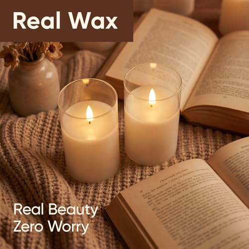 Image of Amagic 3 inchx5 inch Clear Glass Flameless Candles Battery Operated with Timer, Remote Control, LED Pillar Candles, Battery Powered, Valentine's Day Decor, Pure White Wax, Set of 2