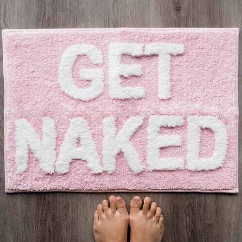 Evovee Get Naked Bath Mat Funny Cute Bathroom Rugs Get Naked Rug Shower Funny Bathroom Decor Fun Cute Bath Mat Non-Slip Washable College Light Pink White 17x24