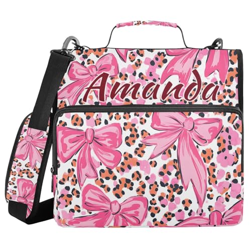 Image of Custom 3 Ring Zipper Binder Pink Bow Leopard Print Personalized Name 1.5 inch Binders Large Capacity Multi Pockets for School Office Supplies