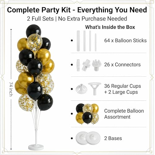 Image of Balloon Column Kit Set of 2 With Confetti Balloons Included - with Base, and Pole,Balloon Tower Backdrop Decoration for Wedding, Baby Shower, Birthday Party, or Bachelorette Parties (Black Gold)