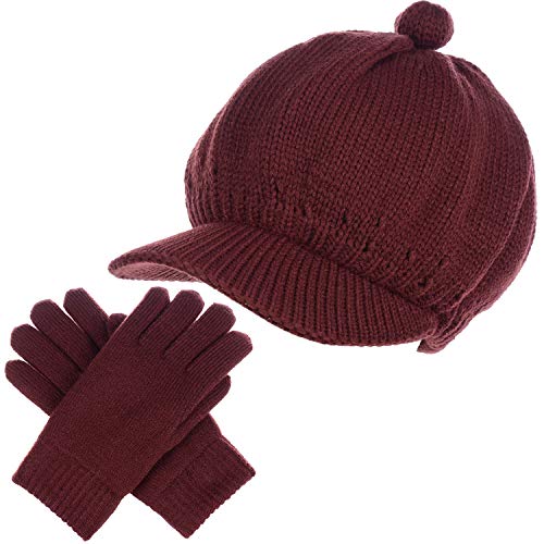 Byos Womens Winter Plush Fleece Lined Newsboy Knit Cap Cabbie Hat & Gloves Set #TOP8