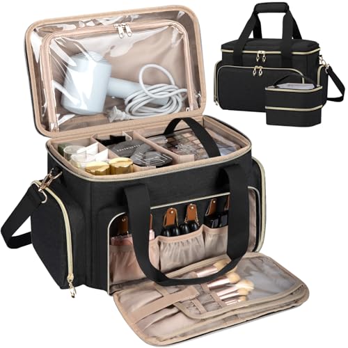 GDNasist Large Makeup Bag, Portable Travel Makeup Bag Organizer for Women Girls with 2 Removable Pouches & Detachable Dividers, Cosmetic Travel Bag, Toiletry Bag for Makeup and Hair Supplies Black