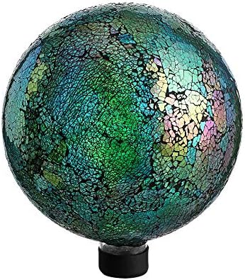 WHOLE HOUSEWARES | Gazing Ball | Garden Gazing Ball Stand | 10 Inch Mosaic Colorful Globe | Iridescent Crackled Glass | Mosaic Garden Globe for Yard & Garden Decoration (Green)