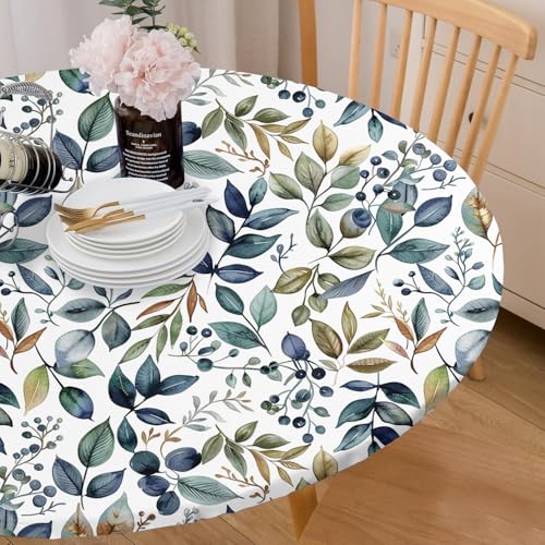 Round Tablecloth Fitted Elastic Edge Patio Table Covers Wrinkle Resistant Waterproof Vinyl Table Cloth for Picnic Camping Indoor and Outdoor,Watercolor Leaves and Berries 41