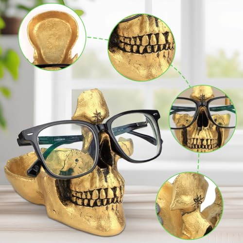 Schädel Brillenhalter Stand mit Storage Tray, Brillenhalter Im Totenkopf-Design, Harz Schädel Kopf Skulptur Statue Brillenhalter, Dekorativer Brillenhalter, Heimdekoration, Präsentationsständer (Gold)
