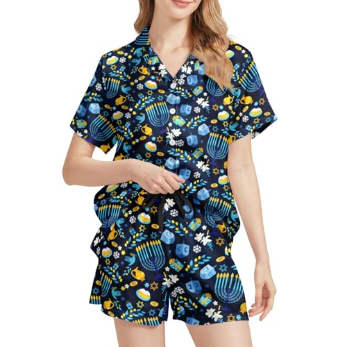 Image of Funny Satin Pajamas Set for Women Button Down Sleepwear Print Pjs Set 2 Piece Short Sleeve Loungewear Gift for Women