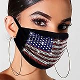 Relbcy Crystal Mouth Cover Cotton American Flag Masks Scarf Reusable Face Cover Rave Facial Jewelry for Women and Girls (Black1)