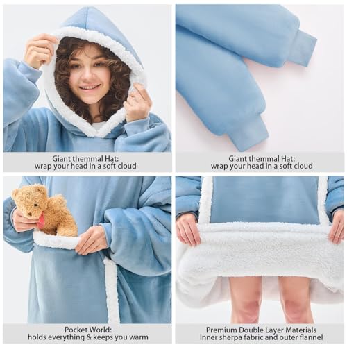 JOYWOO Oversized Wearable Blanket Hoodie,Cat lovers Long Hoodie Blanket for Adult,Birthday Gifts for Women Men Mom,Cozy Sherpa Sweatshirt Hooded Blanket Giant Pocket Winter Gifts,Denim blue Oversize