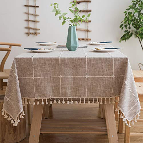 Mokani Washable Cotton Linen Solid Embroidery Checkered Design Tablecloth, Rectangle Table Cover Great for Kitchen Dinning Tabletop Buffet Decoration (55 x 94 Inch, Brown)