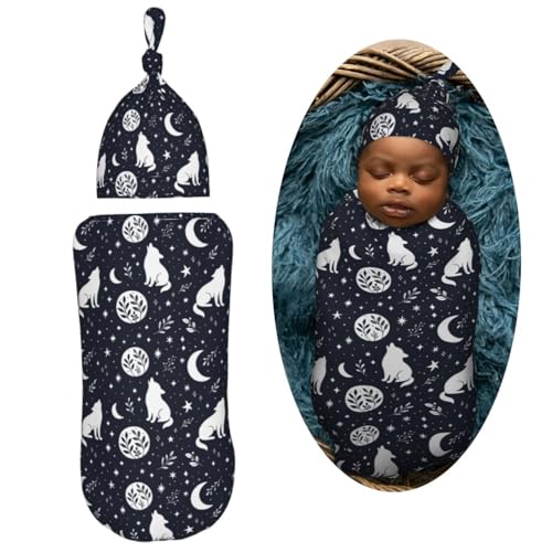 Image of Boho Wolf Newborn Swaddle Blankets Hat Sets Soft Baby Receiving Blanket Swaddle for Baby Shower Infant Boy Girl Gift