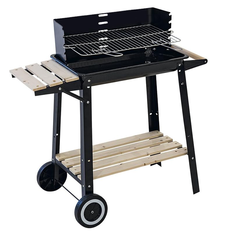 Virsus Barbecue a Carbonella in metallo, misura 53x33x85 cm, Grill portatile con 2 Ripiani in legno e griglia regolabile, Barbecue portatile con manico in legno e ruote per esterno 9754C