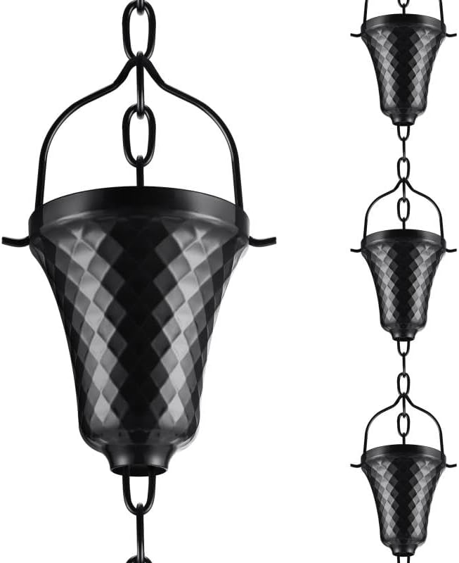HANAYARD Cadenas de lluvia para canaletas exteriores con recubrimiento de polvo negro, desviador de lluvia de metal, decoración para exteriores, 8.5