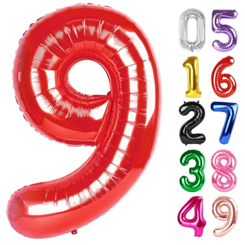 Image of Red Number 9 Balloon 40 Inch, 9th Birthday Party Decorations, Giant 9 Foil Balloon for Party Supplies