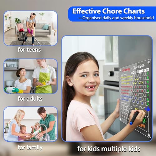 Image of PigPotParty Clear Acrylic Magnetic Chore Chart and Blank Memo Whiteboard for Fridge, 2 Pack 9.5 inchx12 inch Dry Erase Board to Do List Meal Planner for Adult Teens Kids Family, Include 8 Markers & 1 Towel