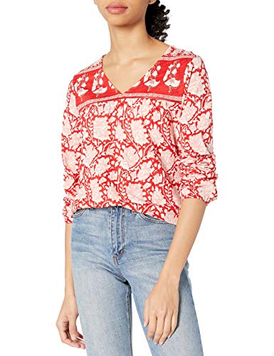 Lucky Brand Women's Long Sleeve V-Neck Printed Top, Red Multi, S