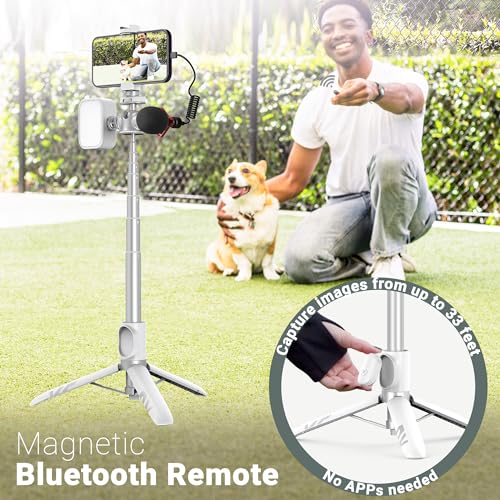 KraftGeek Vlogging Tripod for Phone and Camera, 48\" Phone Tripod Stand with 3 Cold Shoes for Lights and Microphones (Both are not Included), Selfie Stick with Remote for Video Recording, White - Thumbnail 4