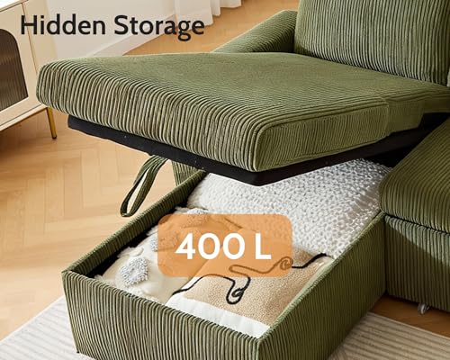 Image of WEUP 82 inch L Shaped Sectional Sleeper Sofa Bed with Pull Out Bed, Sectional Sleeper Couch Pull Out Couch with Reclining Backrest /Reversible Storage Chaise /USB Ports /Tool-Free Assembly, Corduroy Green