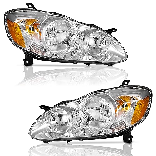 Image of WEELMOTO Halogen Headlights Assembly for 03-08 Toyota Corolla CE /LE /S /XRS | Clear Lens Chrome Housing Amber Reflector, Left+Right Side, Plug-and-Play, Halogen Headlamps, OEM: 81150-02360, 81110-02370