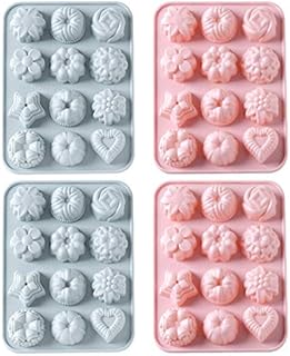 4Pcs Silicone Chocolate Candy Moulds, 12-Cavity Non-Stick Flower Heart Shape Cake Pans for Cake Decoration, Soap Mould Wax Melts Mold